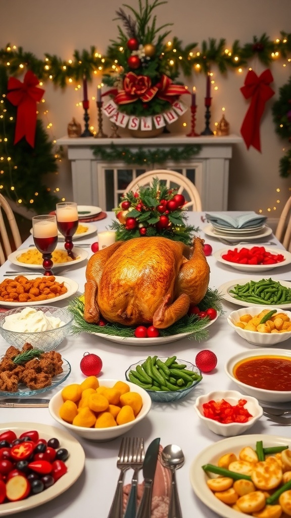 A decorated Christmas dinner table with roast turkey, side dishes, and holiday decorations.